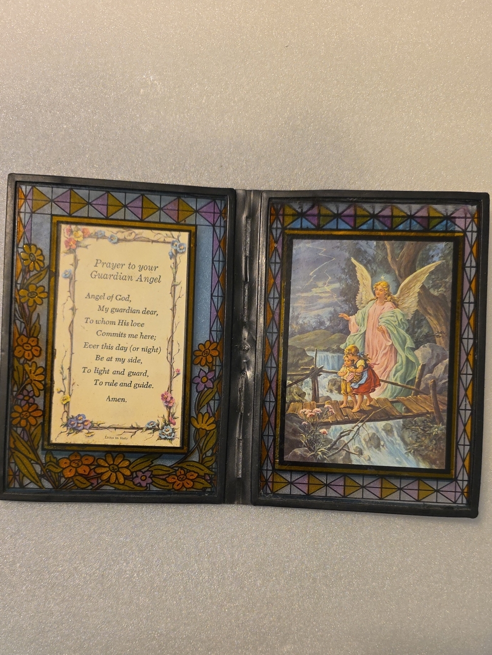 Vintage Guardian Angel Prayer Folding Diptych Frame Stained Glass